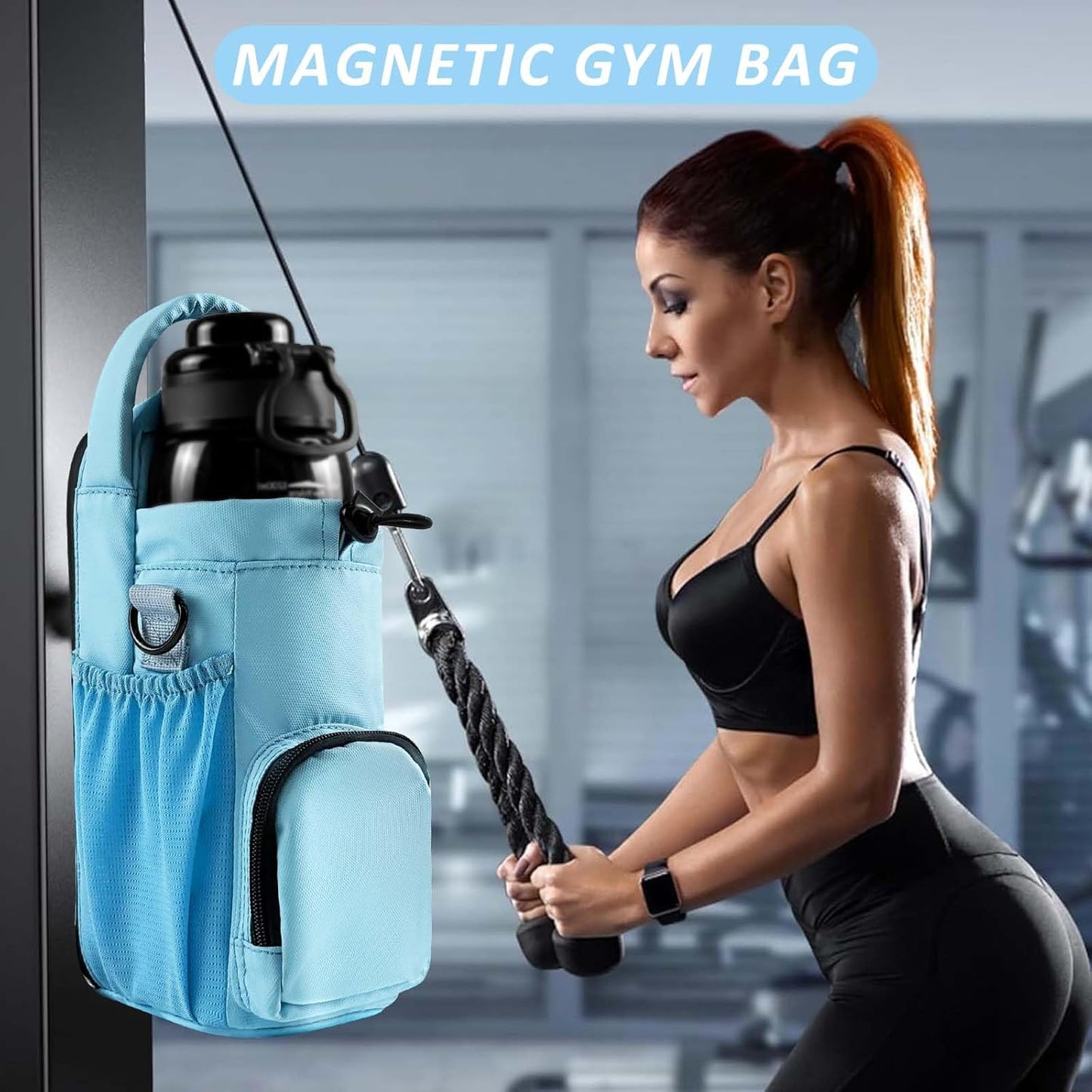 JACZZO Magnetic Gym Bag for Men and Women, Magnetic Water Bottle Holder for Gym, Small Gym Bag, Gym Gifts for Women and Men (Black, <40 OZ)