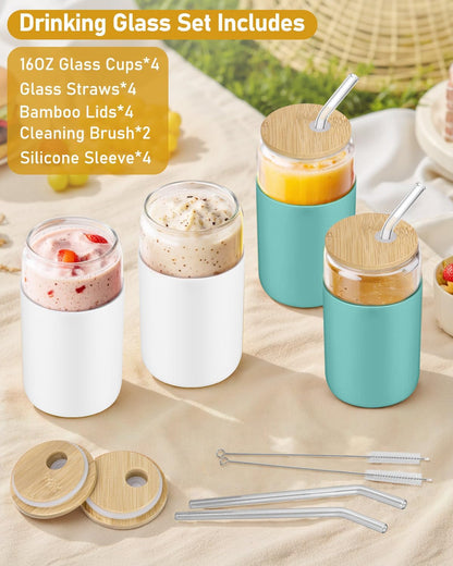 sungwoo 4PCS Glass Cups with Bamboo Lids and Straws, 16OZ Ice Coffee Cup, Drinking Cup set with Wooden Lids, Home Essential Glass Tumblers for Beer, Cocktail, Tea and Latte Clear