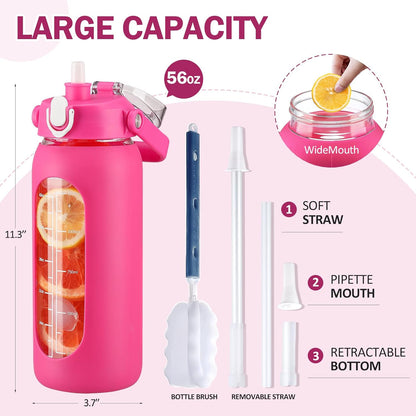 64oz Glass Water Bottles with Straw, Half Gallon Motivational Glass Bottle with Silicone Sleeve and Time Marker, 2L Leakproof Large Glass Water Jug for Gym Home Office,olive