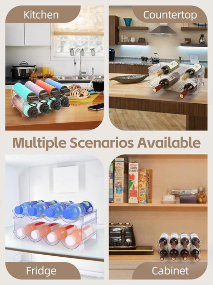 Stackable Water Bottle Organizer, 4-Tier Clear Large Compartment Holder with Stable One-Piece Side-Panel Design, Prevents Tipping & Rolling for Cabinet & Kitchen Storage, Holds 16 Bottles