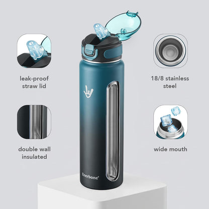 Enerbone 24 oz Insulated Water Bottle, Stainless Steel Bottle with Carrying Strap, Double-Wall Vacuum Insulation Design, Leakproof Sports Bottle with Straw, Keep Drinks Cold or Hot for Hours