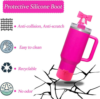 Bow Silicone Protective for Stanley Boot for 20/30/40Oz, 2 Pack for Stanley Cup Accessories Compatible 12-24Oz for Hydroflask Boot and More (Pink Set)