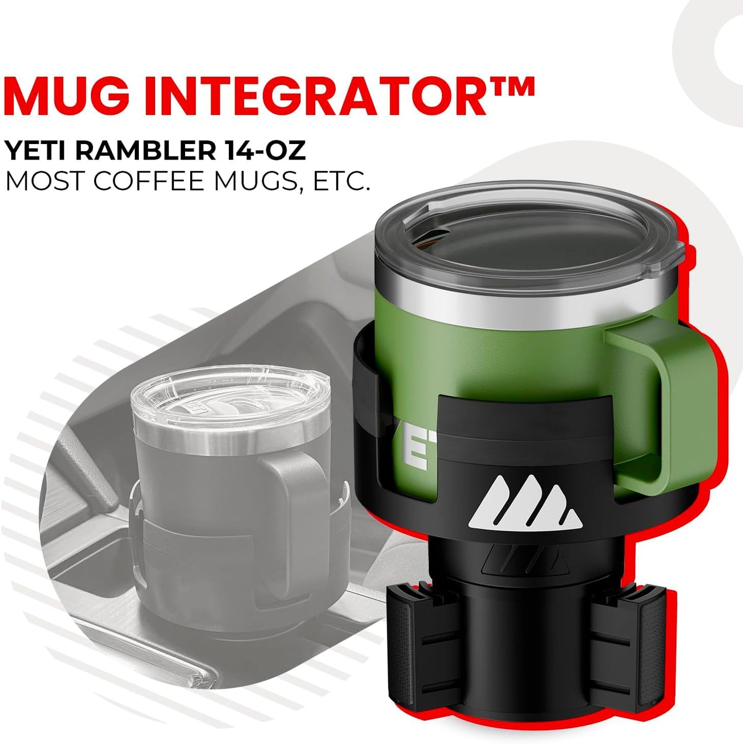 Integral Expandable Mug Holder - YETI 14oz Rambler Cup Holder - Car Cup Holder Expander with Adjustable Base - Rubber Tabs Hold Most Coffee Mugs Ramblers 10oz