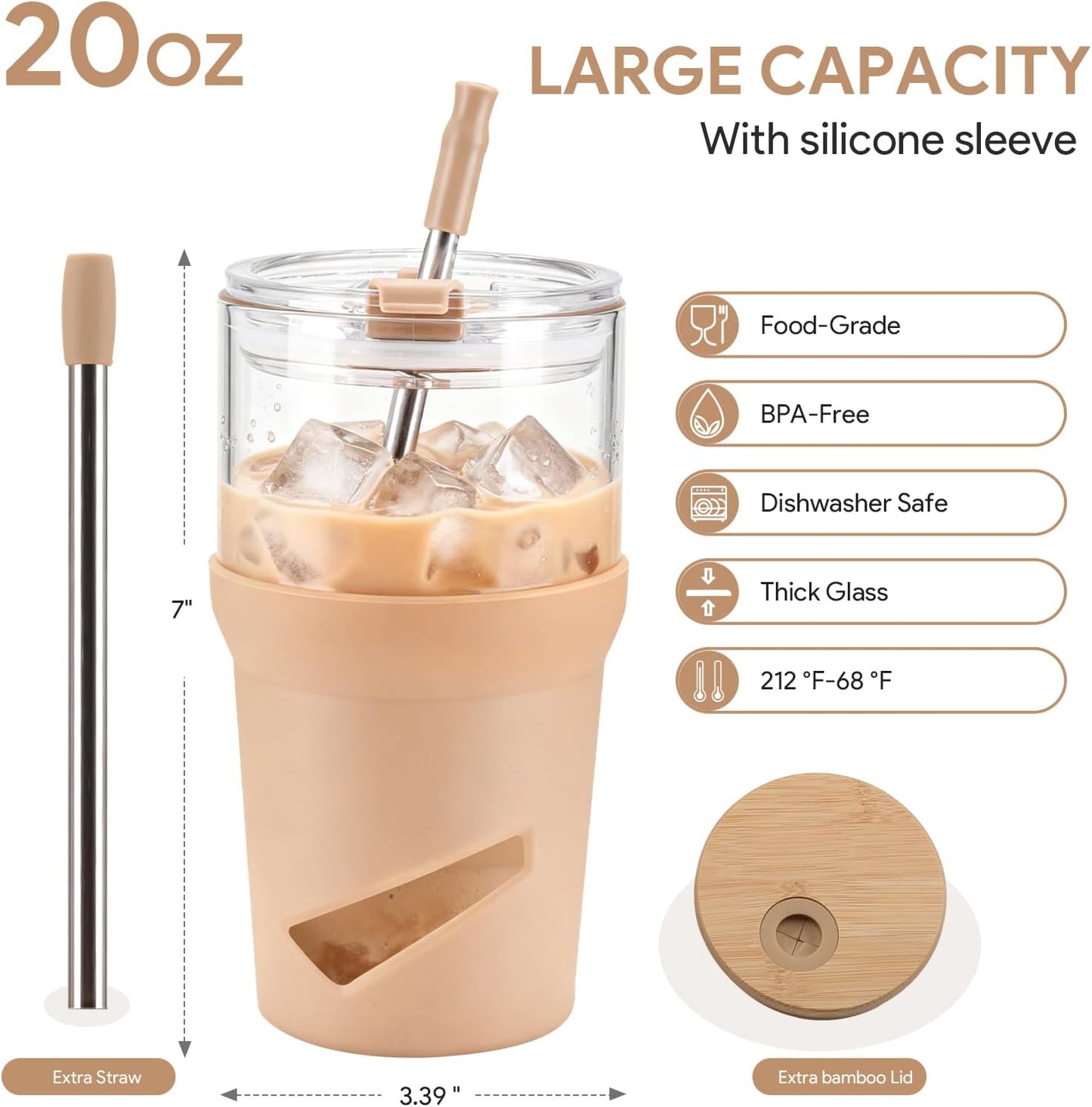 Glass Tumbler with Lids and Straws, 20 oz Iced Coffee Cup and Smoothie Cup with Bamboo Lid and On the go Lid,Glass Cups With Straws