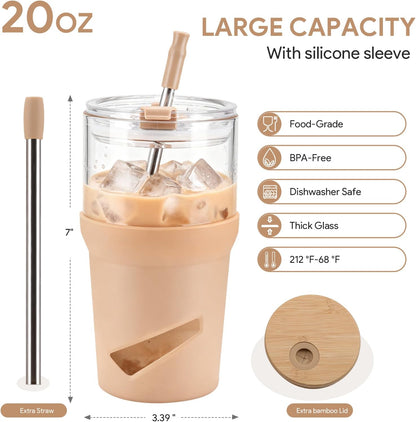 Glass Tumbler with Lids and Straws, 20 oz Iced Coffee Cup and Smoothie Cup with Bamboo Lid and On the go Lid,Glass Cups With Straws