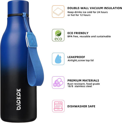BJPKPK Insulated Water Bottles, 18 oz Stainless Steel Metal Water Bottle with Strap, BPA Free Leak Proof Jugs, Mugs, Flasks, Reusable Thermal Flasks for Sports & Travel, Black - Colors B