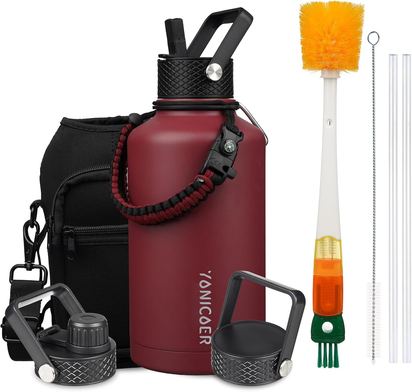 Insulated Water Bottle 40oz,Triple Wall Vacuum Stainless Steel(Dishwasher Safe),Leak Proof & Non-BPA,Flask Jug with Paracord Handle & Straw Spout Lids Sports Cherry Blossom