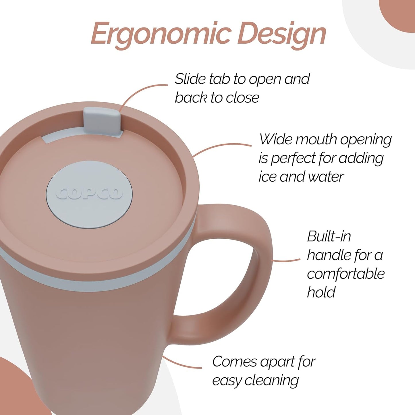 Copco Cone Desk Mug, 16 oz - Double Wall Insulated Coffee Mug with Twist-Off Lid, Handle & Slide Tab - Travel-Friendly Cup for Hot or Cold Drinks, BPA-Free, Microwave & Dishwasher Safe (Brown)