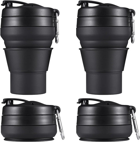 Collapsible Coffee Cup, 16 OZ 480ml Large Silicone Folding Camping Mug, Leak Proof BPA Free Portable, Travel Bottle with Lids for hiking, Microwave & Dishwasher Safe (Black)
