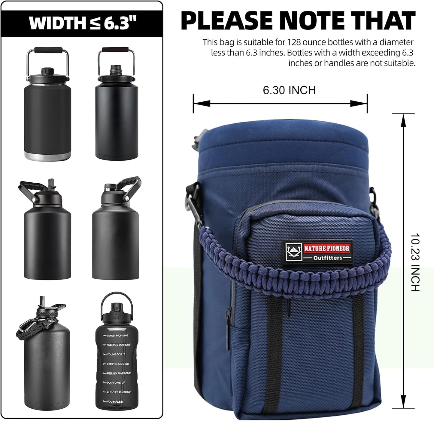 NATURE PIONEOR Water Bottle Holder with Adjustable Strap - Half/One Gallon (64/128oz) Insulated Water Bottle Sling Carrier with Phone Pocket & Paracord Handle, Outdoor Camping, Hiking, Gym