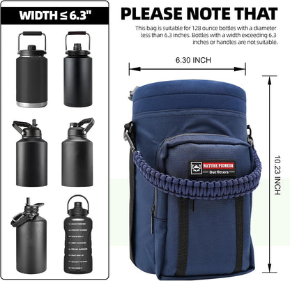 NATURE PIONEOR Water Bottle Holder with Adjustable Strap - Half/One Gallon (64/128oz) Insulated Water Bottle Sling Carrier with Phone Pocket & Paracord Handle, Outdoor Camping, Hiking, Gym