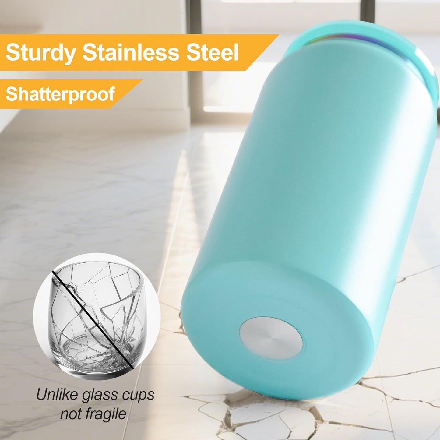 6 Pack Glass Cups with Lids and Straws Unbreakable 16 oz Stainless Steel Can Cup Double Wall Insulated Beer Can Tumbler for Iced Coffee, Juice, Soda, Matte-Colored