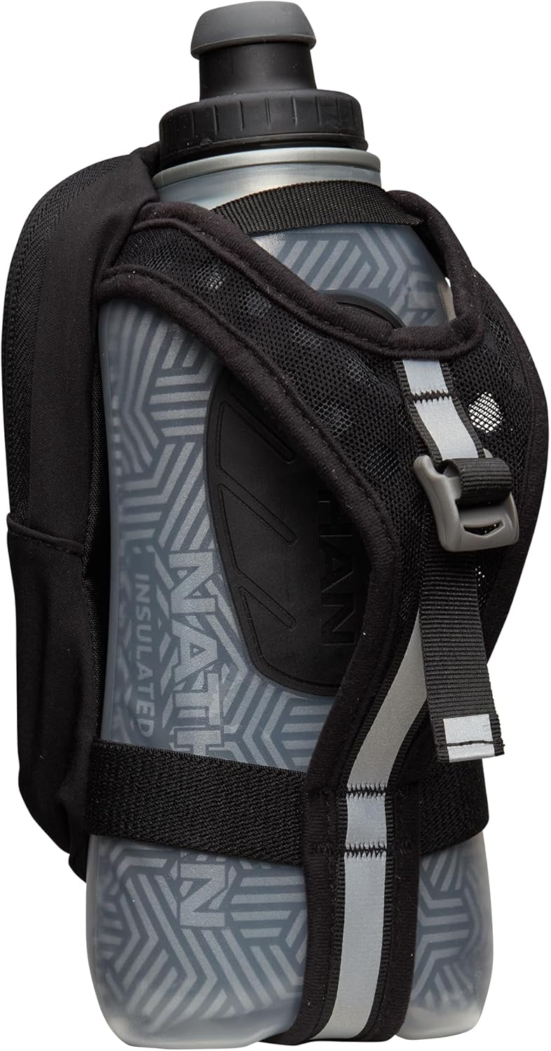 Nathan SpeedDraw 2 Insulated Handheld Running Water Bottle Flask 18oz – Double-Wall Insulation, Ergonomic Grip, Blast Valve Cap, Phone & Key Storage Pockets, Reflective Design