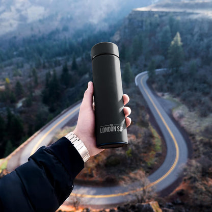 The London Sip Multi-Purpose Travel Mug and Tumbler Fruit Infused Flask Hot and Cold Double Wall Stainless Steel Thermos with Extra-Long Infuser, Purple