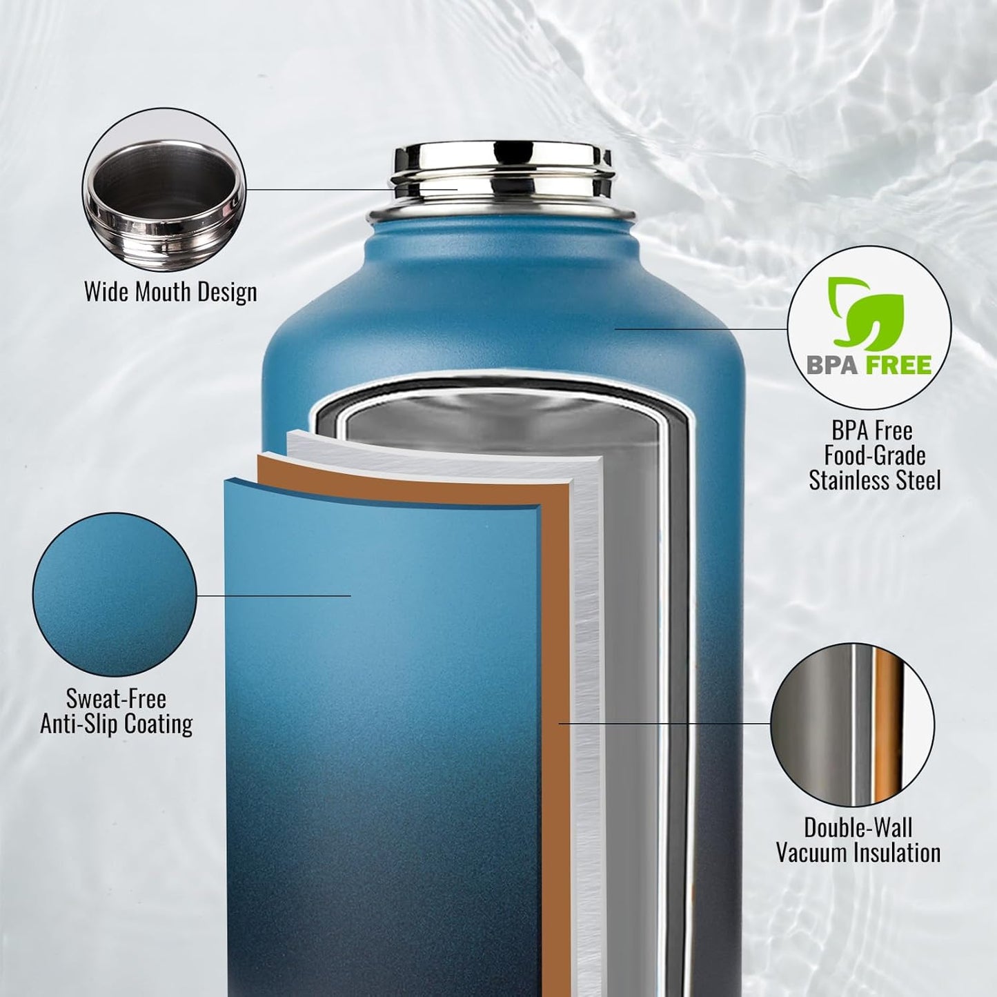 Fijinhom 24 oz Insulated Water Bottle with Handle, 304 Stainless Steel Water Bottles with Wide Mouth, Double Wall Vacuum Sports Water Bottle, BPA Free, Keep Cold and Hot, Black | with Handle