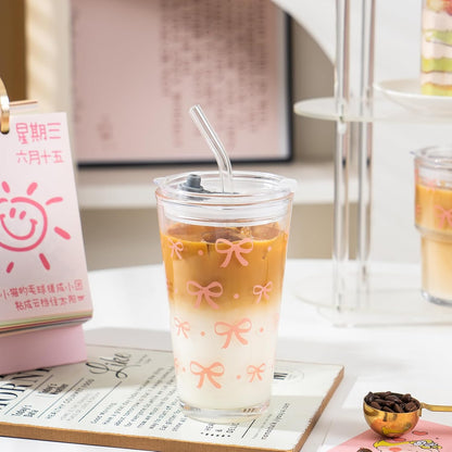 Olvini 15oz Glass Tumbler with Straw and Lid, Cute Iced Coffee Cups, Aesthetic Glass Cups, Coffee Tumbler, Water Cup, Matcha Cup, Drinking Glasses (Clear)