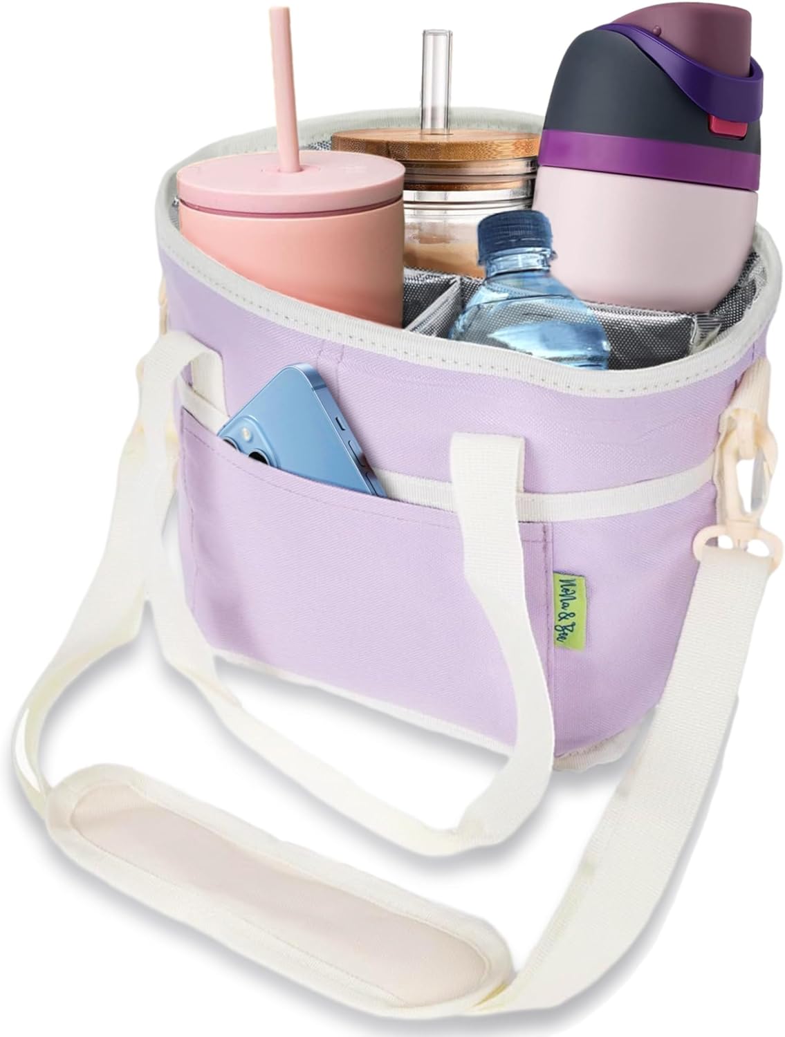 NoNa & Bee 4 Water Bottle Holder with Strap | Family Size 4 Compartment Drink Bag, Multiple Tumbler Carrier Caddy | Adjustable Fits Large & Small Drinks | Hands Free, Won't Tip Over in Car