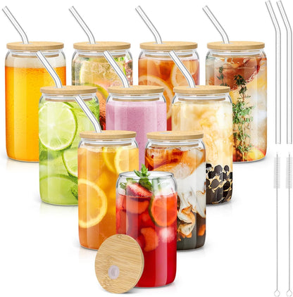 sungwoo 4PCS Glass Cups with Bamboo Lids and Straws, 16OZ Ice Coffee Cup, Drinking Cup set with Wooden Lids, Home Essential Glass Tumblers for Beer, Cocktail, Tea and Latte Clear