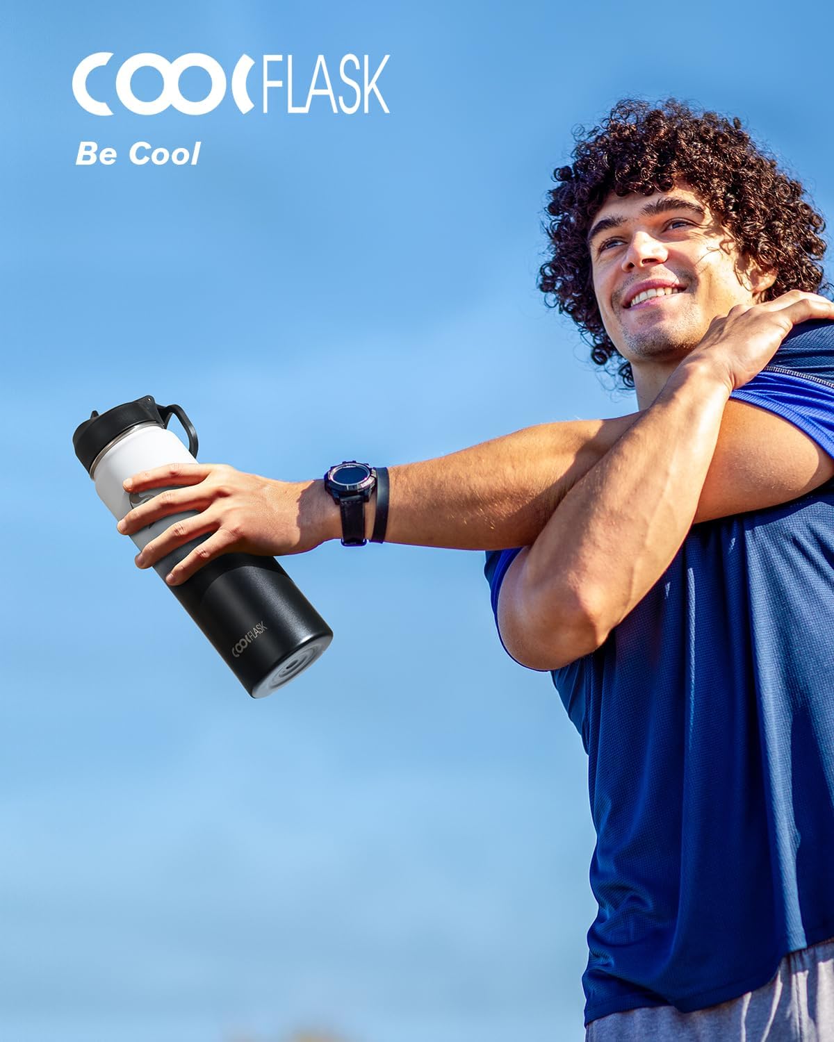 Half Gallon Water Bottle Insulated with Straw & 3 Lids, Coolflask 64 oz Water Jug Large Metal Stainless Steel Wide Mouth for Sports, Gym or Office, Non-BPA Keep Cold 48H Hot 24H, Samurai Cyan