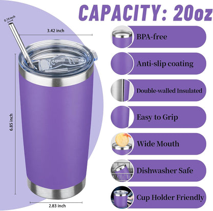 20 oz Tumbler with Lids and Straws, Stainless Steel Insulated Travel Coffee Mug, Double Wall Vacuum Insulated Tumblers, Powder Coated Coffee Tumbler for Cold & Hot Drinks (Light Purple)