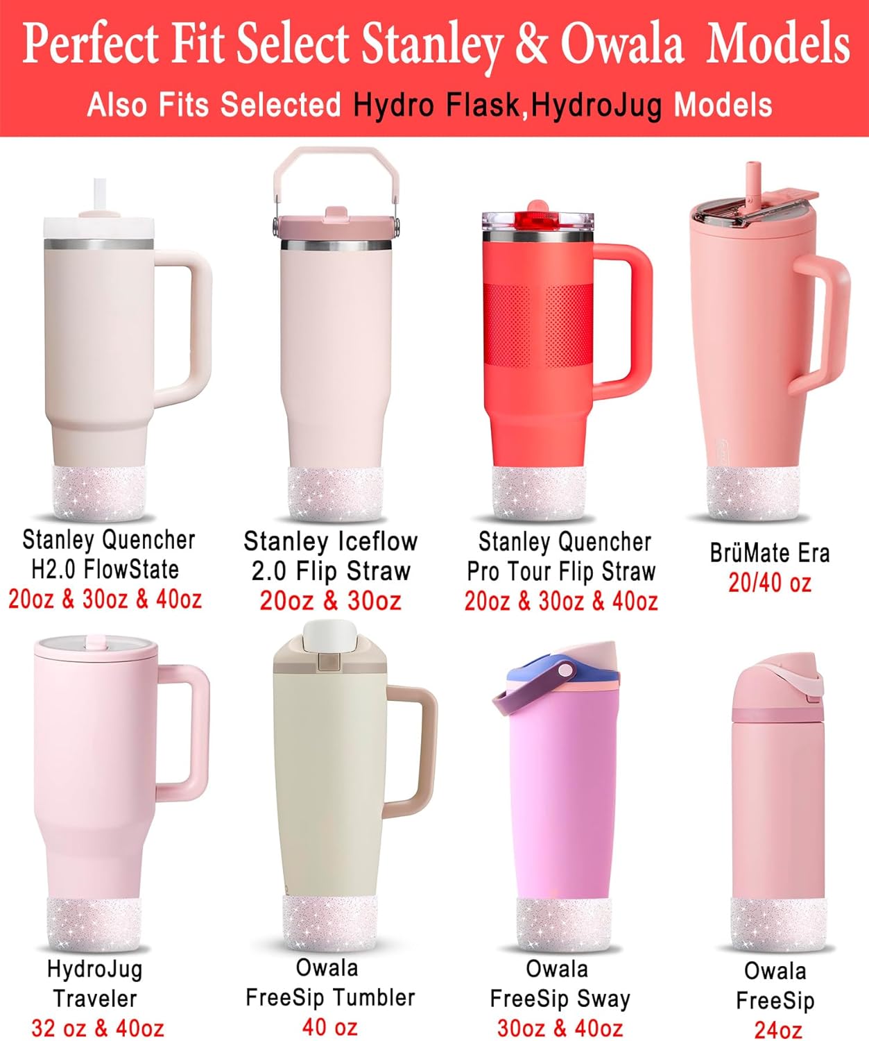 KTKUDY 2 PCS Glitter Silicone Boot Compatible with Stanley Tumbler 20 30 40 oz & Fits Hydro Flask Water Bottle 12-24oz & Fits Yeti, Simple Modern, Owala Cup - Bling Cup Bottom Protector Accessories