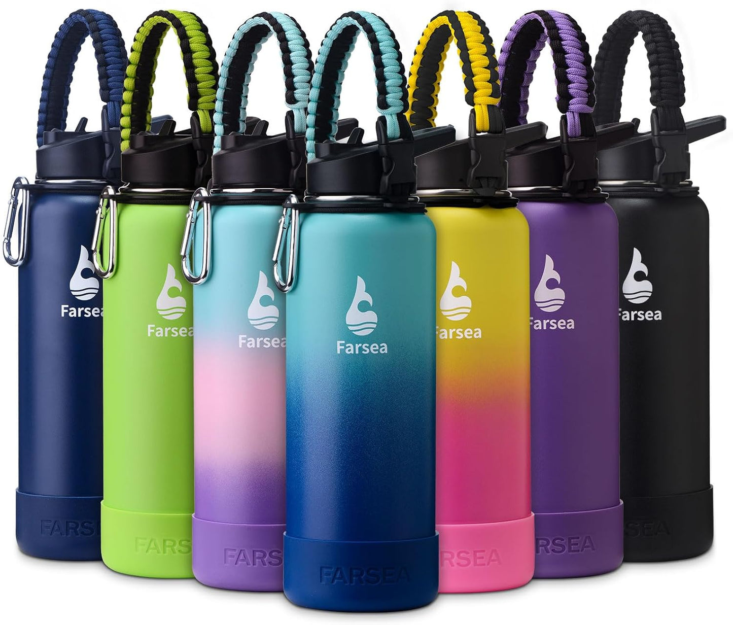 Farsea Insulated Water Bottle With Paracord Handle, Protective Silicone Boot and 2 Lids (Straw Lid & Spout Lid), Stainless Steel Water Bottle Wide Mouth, Double Wall Sweat-Proof BPA-Free, 24 oz