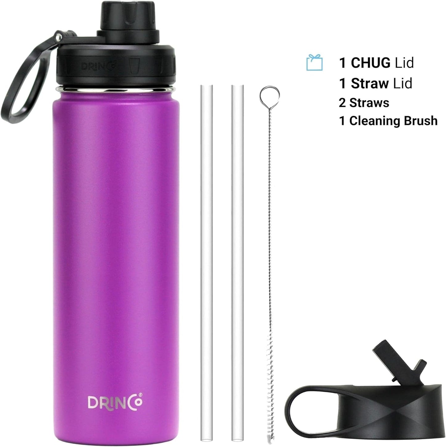 Drinco Stainless Steel Water Bottle Spout Lid Vacuum Insulated Double Wall Water Bottle Wide Mouth (40oz 32oz 22oz 18oz 14oz) Leak Proof Keep Cold Sport Camping Hiking (22 oz, 22oz Black)