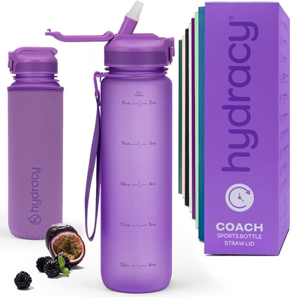 Hydracy Water Bottle with Time Marker -Large BPA Free Water Bottle & No Sweat Sleeve -Leak Proof Gym Bottle with Times to Drink - Ideal for Fitness Sports & Outdoors