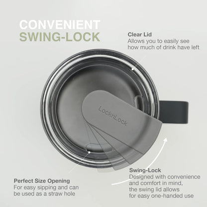 LocknLock Metro Mug Premium 18/8 Stainless Steel Double Wall Insulated with Handle Perfect for table with Lid, Black, 16 oz