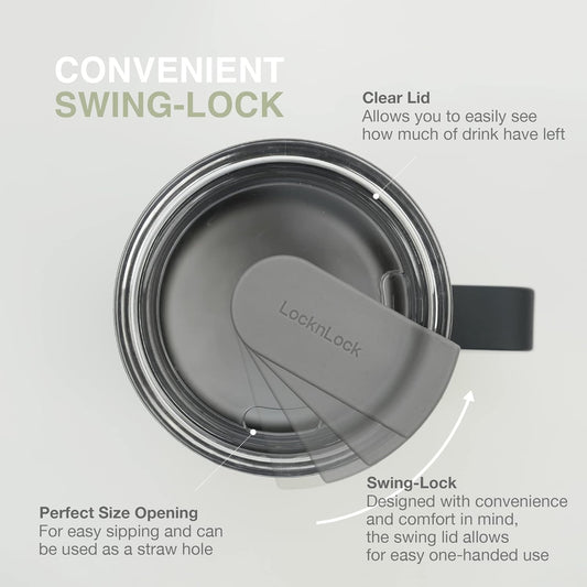 LocknLock Metro Mug Premium 18/8 Stainless Steel Double Wall Insulated with Handle Perfect for table with Lid, Black, 16 oz