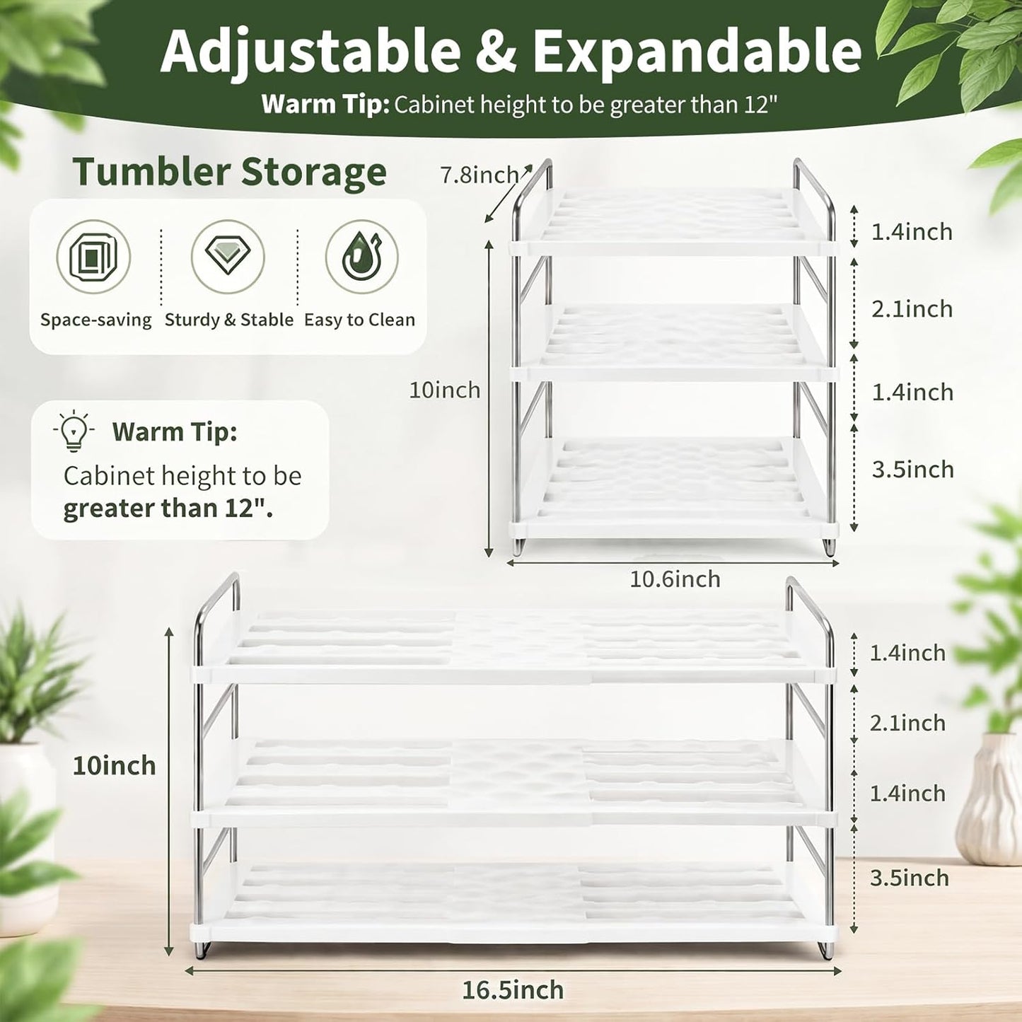 Sawysine 3 Pcs Tumbler Storage Set, Expandable Water Bottle Organizer for Cabinet, Include 2 Stainless Steel Cup Lid Organizer and 3 Tier Adjustable Bottle Holder Rack for Kitchen, Sport Flask, Fridge
