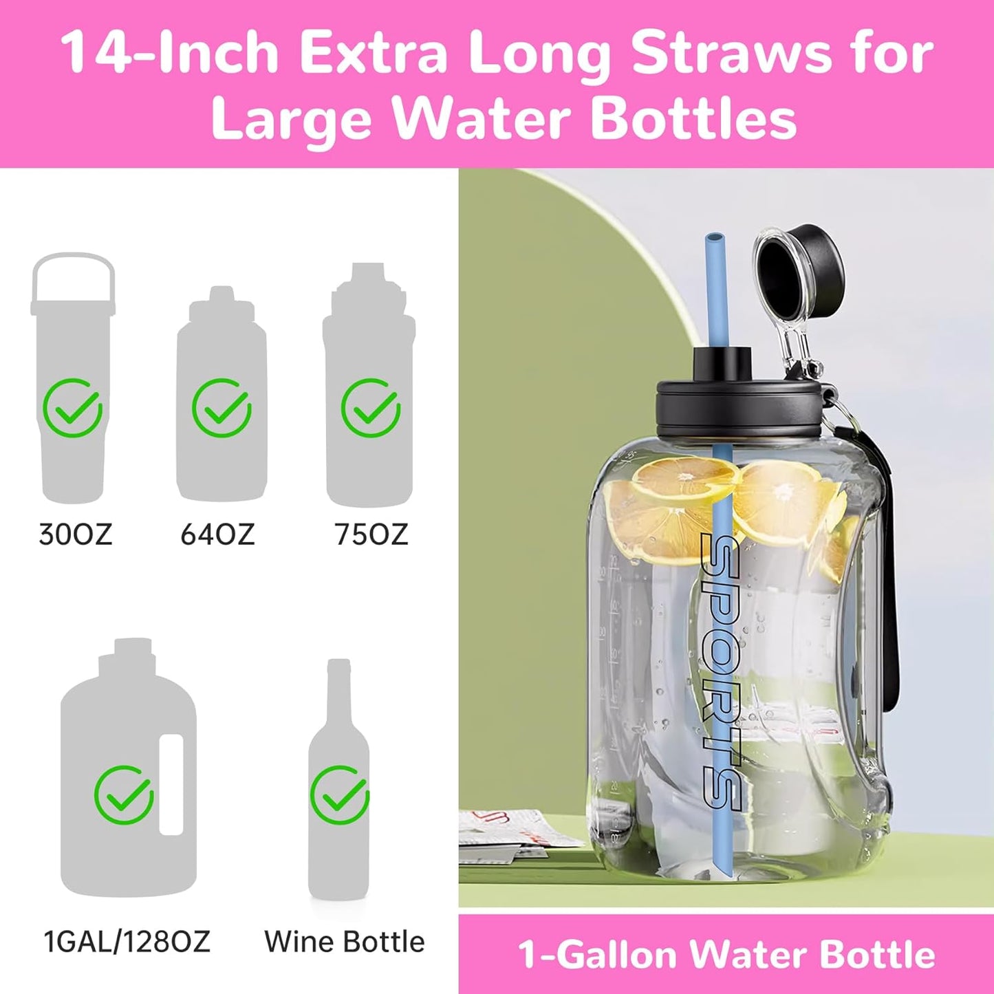 NiHome 14PCS Silicone Straws Fit for Stanley 40oz 30oz Tumbler, 14” Extra Long Reusable Drinking Straw, Flexible Can Cut Length for 1/Half Gallon 75 64 OZ Large Water Bottle - 2 Brushes (Rainbow)