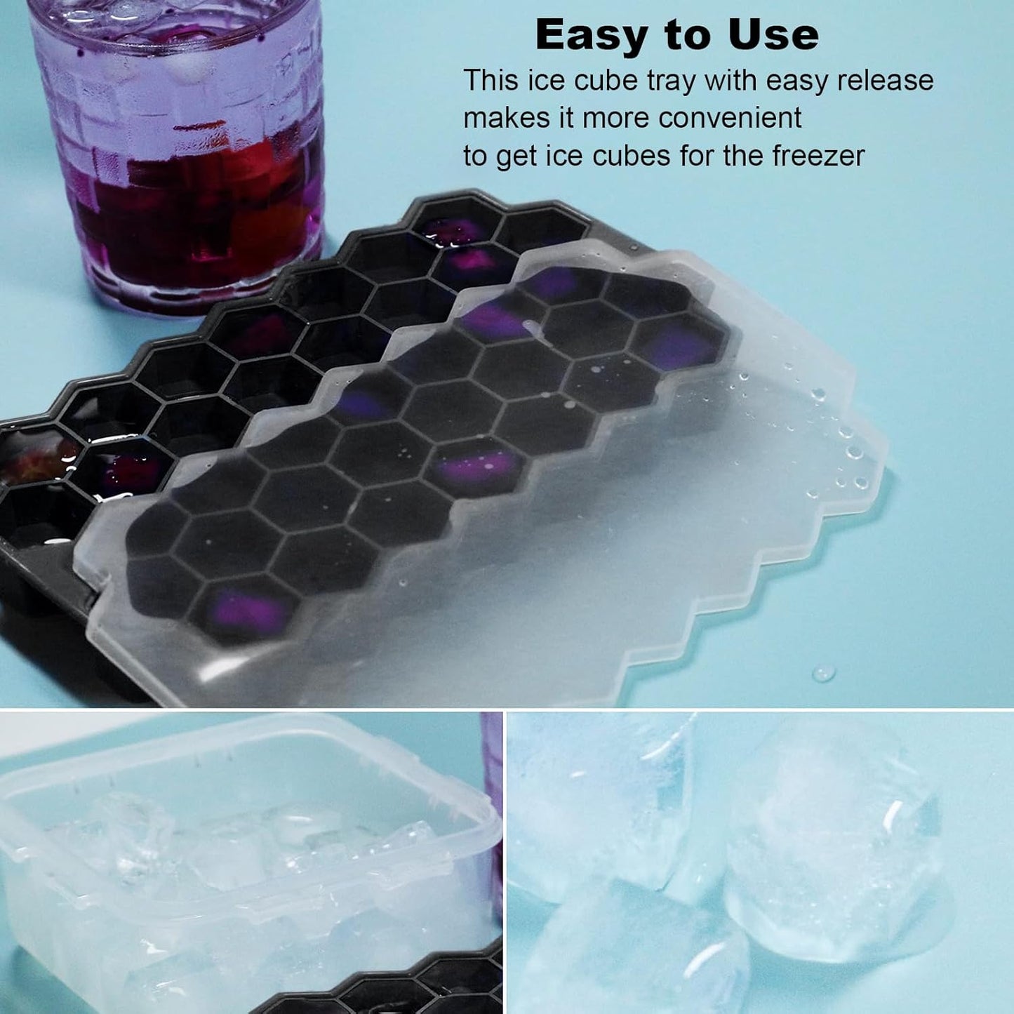 Ice Cube Trays for Freezer with Lid-37 Grid Silicone for Small Ice Cube Molds,Easy-Release Reusable in Organizer Bins or Ice Bucket for Cocktail bar or Iced Coffee Cup