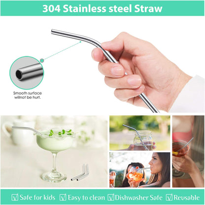 Teivio 8 Pack Short Stainless Steel Straws 6 inch Bent Metal Reusable Straws with Silicone Tips and Case, Cleaning Brush and Carry Bag for Cocktail Glasses, Small Cups