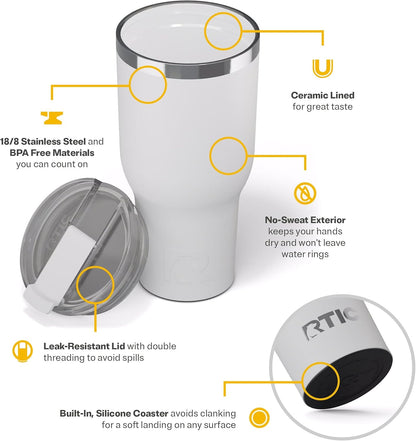 RTIC 20oz Essential Tumbler with Lid, Ceramic Lined, Insulated, Stainless Steel, Metal, Double Wall Vacuum-Insulation, Travel Cup for Iced Coffee, Tea, Hot and Cold Drink, Graphite