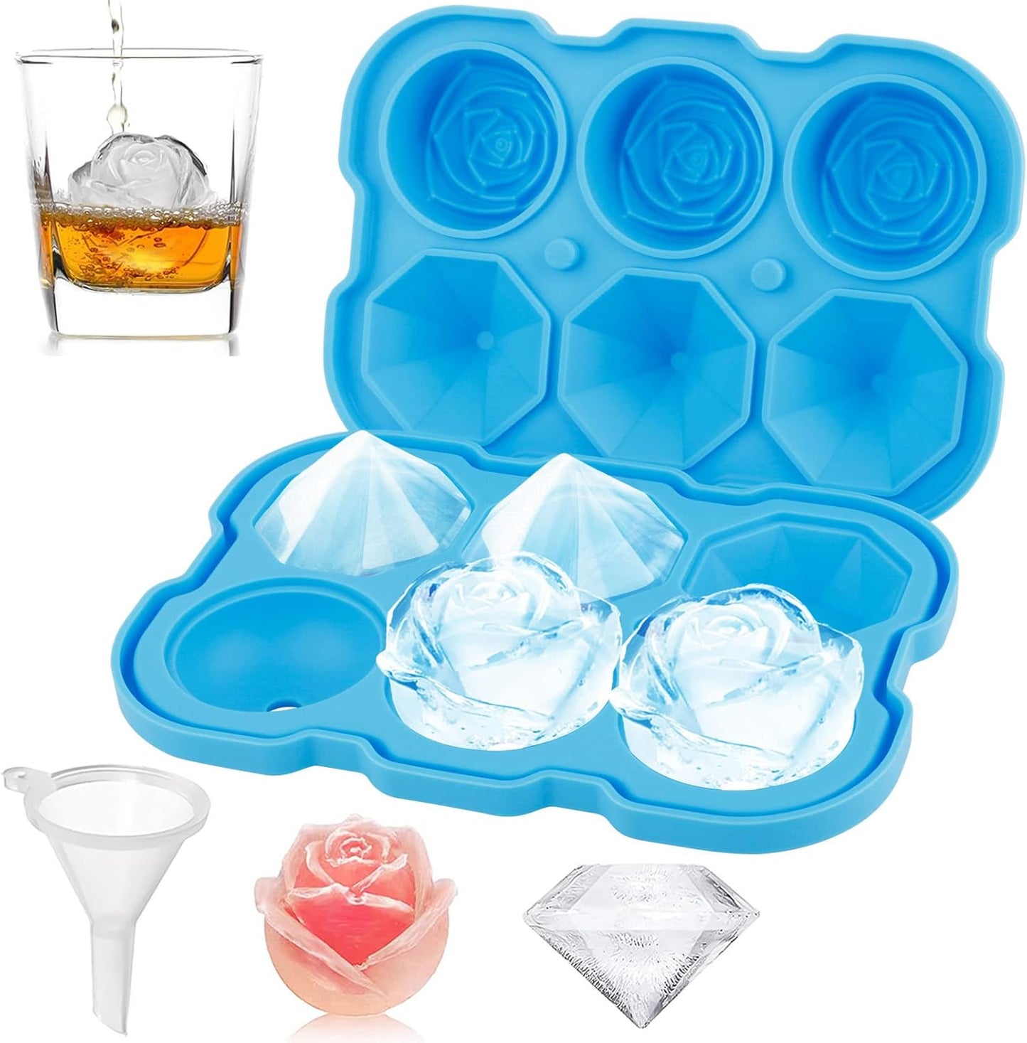 Ice Cube Tray, Mikiwon 2 inch Rose Ice Cube Trays With Covers, 3 Cavity Silicone Rose Ice Tray & 3 Diamond Ice Ball Maker, Easy Release Large Ice Cube Form for Chilled Cocktails, Whiskey Juice Black