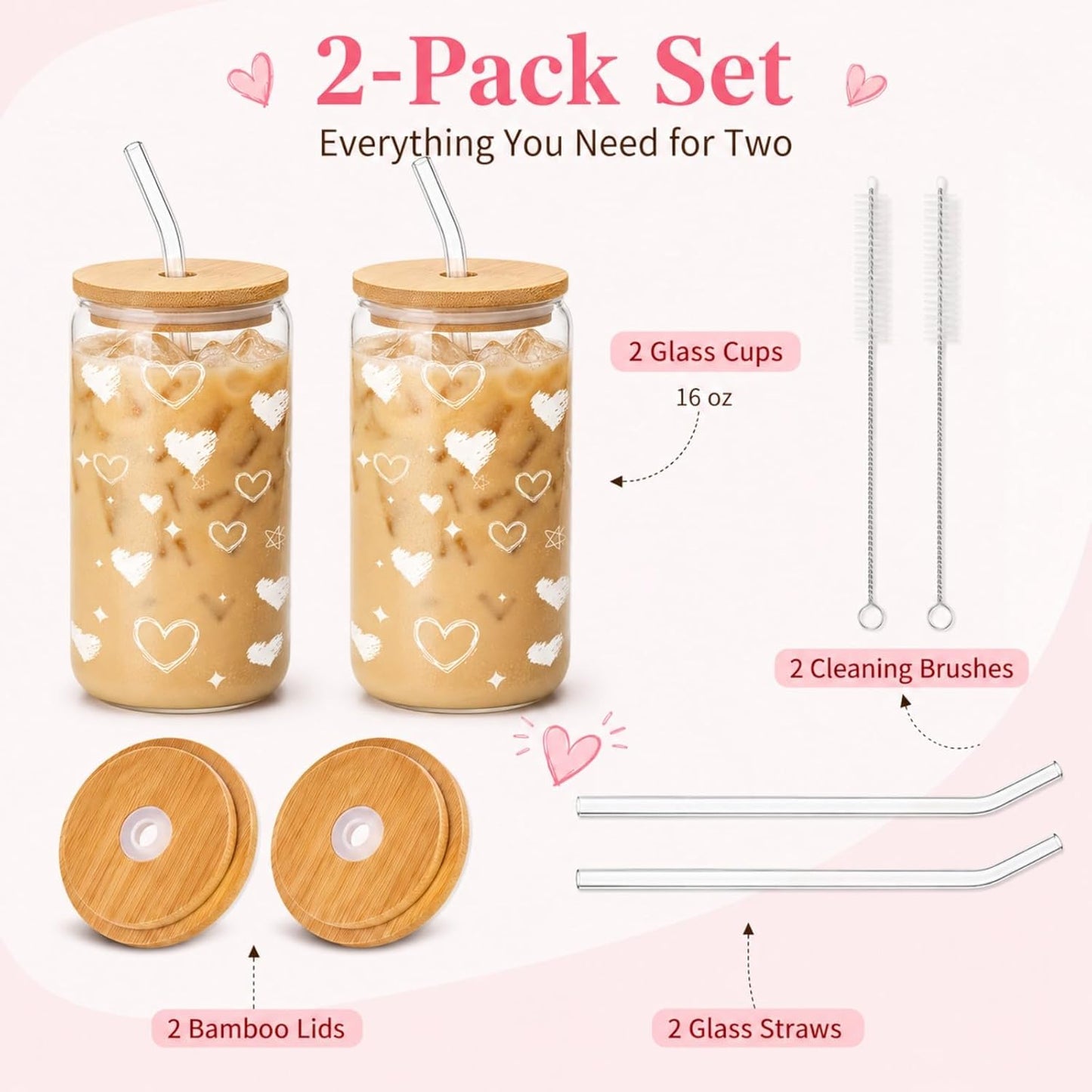 Glass Cups with Lids and Straws 1Pack,Glass Coffee Cups,Glass Cup with Lid for Iced Coffee,Smoothie,Cocktail,Beer,Whiskey,Soda,Matcha,16 Oz Glass Cup with Bamboo Lid,1 Brush