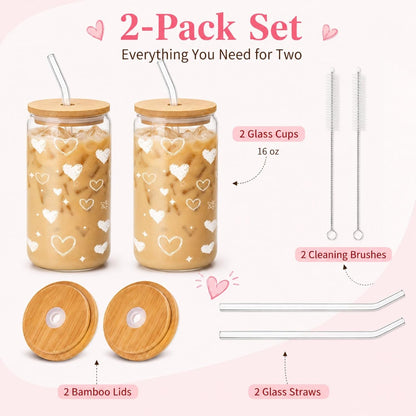 Glass Cups with Lids and Straws 1Pack,Glass Coffee Cups,Glass Cup with Lid for Iced Coffee,Smoothie,Cocktail,Beer,Whiskey,Soda,Matcha,16 Oz Glass Cup with Bamboo Lid,1 Brush