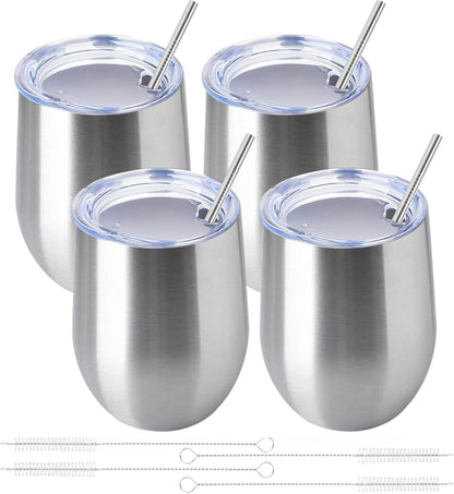 12oz/4 Pack Wine Tumbler Glasses with Lid Stemless Double Wall Vacuum Stainless Steel Travel Tumbler Keeping Cold & Hot for Wine,Coffee,Cocktails,Drinks-Family and Gifts (Multi color-dark)
