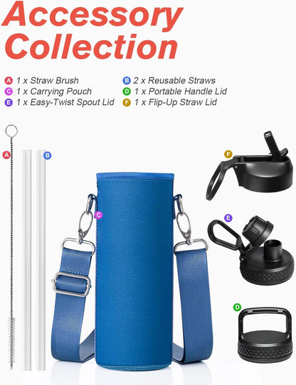 Half Gallon Water Bottle Insulated with Straw & 3 Lids, Coolflask 64 oz Water Jug Large Metal Stainless Steel Wide Mouth for Sports, Gym or Office, Non-BPA Keep Cold 48H Hot 24H, Samurai Cyan