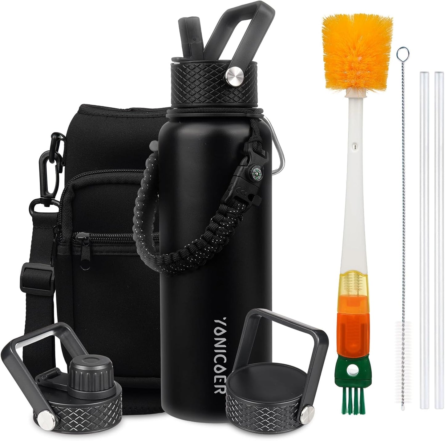 Insulated Water Bottle 40oz,Triple Wall Vacuum Stainless Steel(Dishwasher Safe),Leak Proof & Non-BPA,Flask Jug with Paracord Handle & Straw Spout Lids Sports Cherry Blossom