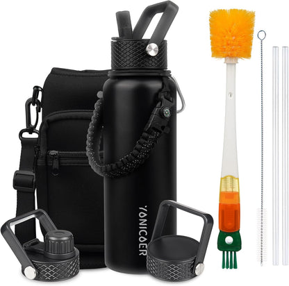 Insulated Water Bottle 40oz,Triple Wall Vacuum Stainless Steel(Dishwasher Safe),Leak Proof & Non-BPA,Flask Jug with Paracord Handle & Straw Spout Lids Sports Cherry Blossom