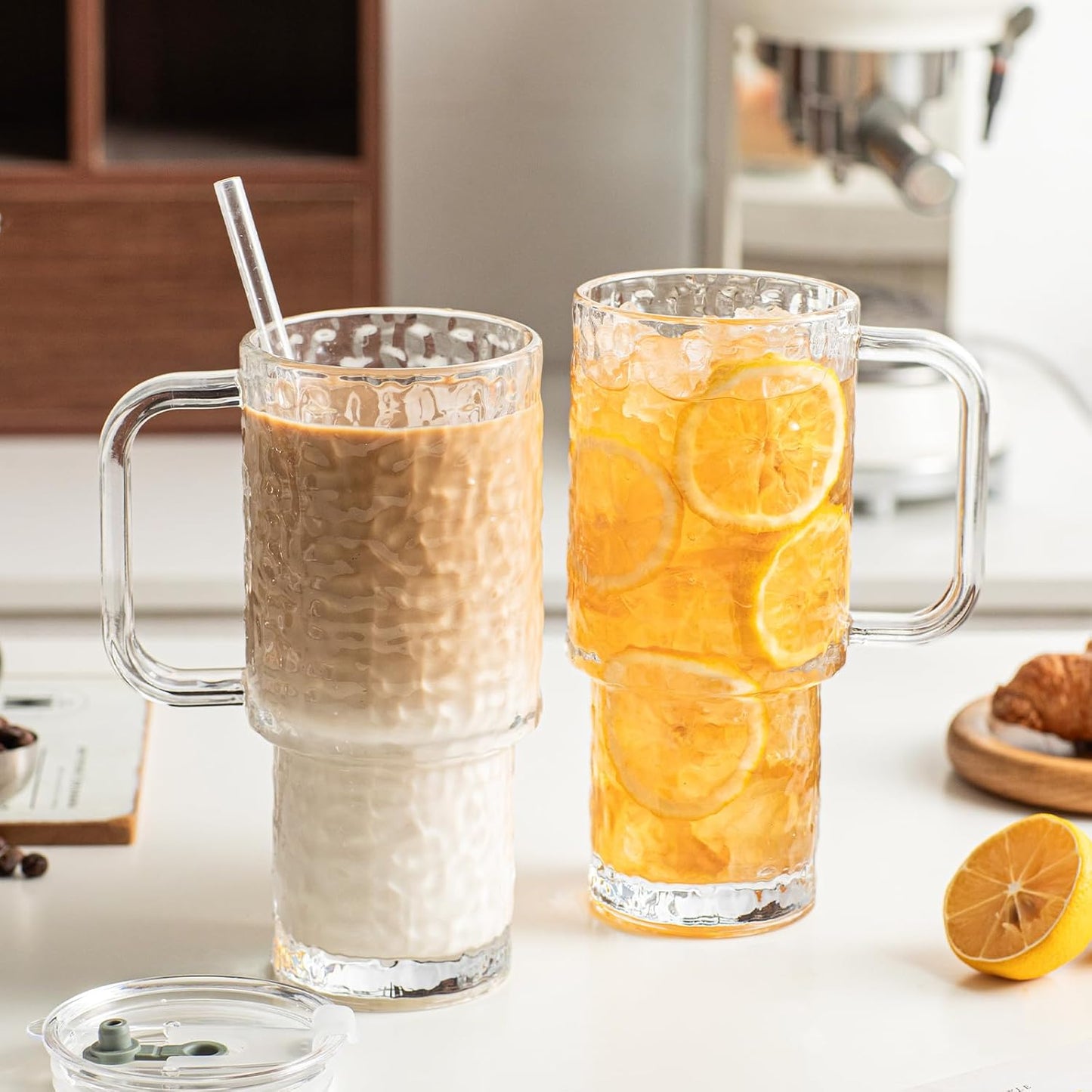 INSETLAN 24oz Ribbed Glass Tumbler with Handle & Lid – 2-Pack Large Iced Coffee Cups with Straws, Modern Glass Mug for Cold & Hot Beverages, Aesthetic Travel Cup for Smoothies, Tea, and Juice