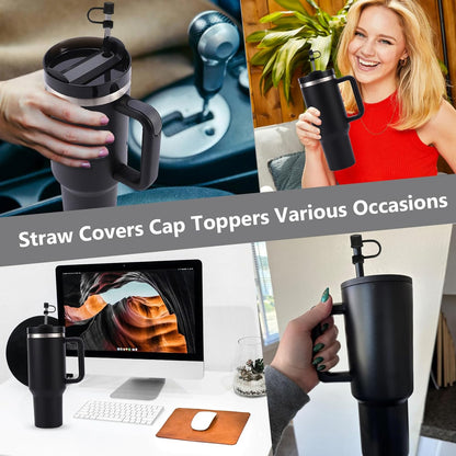 6PCS Silicone Straw Covers Cap Compatible with Stanley Cup 30-40 oz Tumbler with Handle 10mm Straw Toppers，Dust-Proof Reusable Straw Cover for Stanley Cup Accessories (Black)