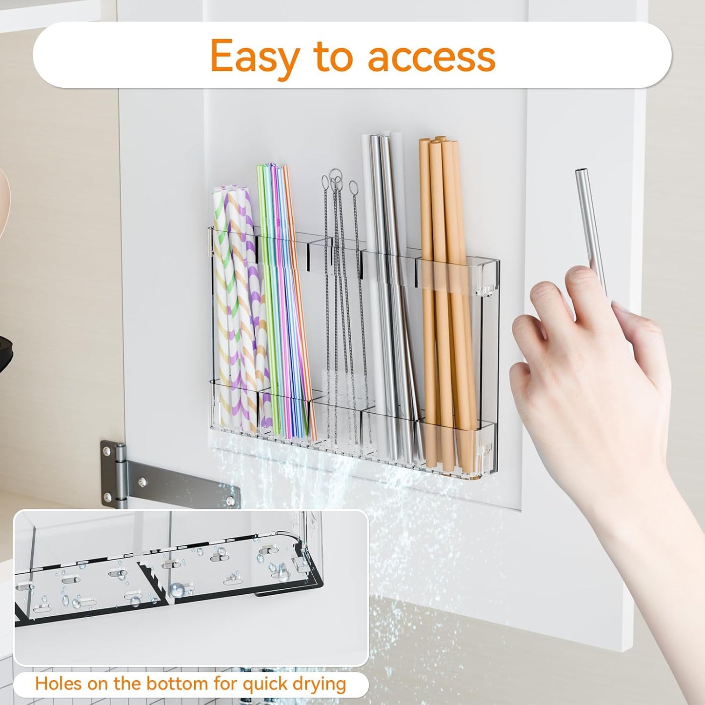 Yieach Acrylic Straw Holder for Cabinet Door- with Adhesive,No Damage Installation - 9.4 Inch Water Bottle,Cup,Drinking and Tumbler Reusable Straw Organizer Storage for Cupboard Door,Clear,Pack of 1
