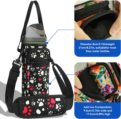 Neoprene Water Bottle Holder Bag with Cell Phone Pocket Compatible with Owala FreeSip 24 oz，Water Bottle Carrying Bag ，with Adjustable Shoulder Strap,for 24oz Stainless Steel Water Bottle