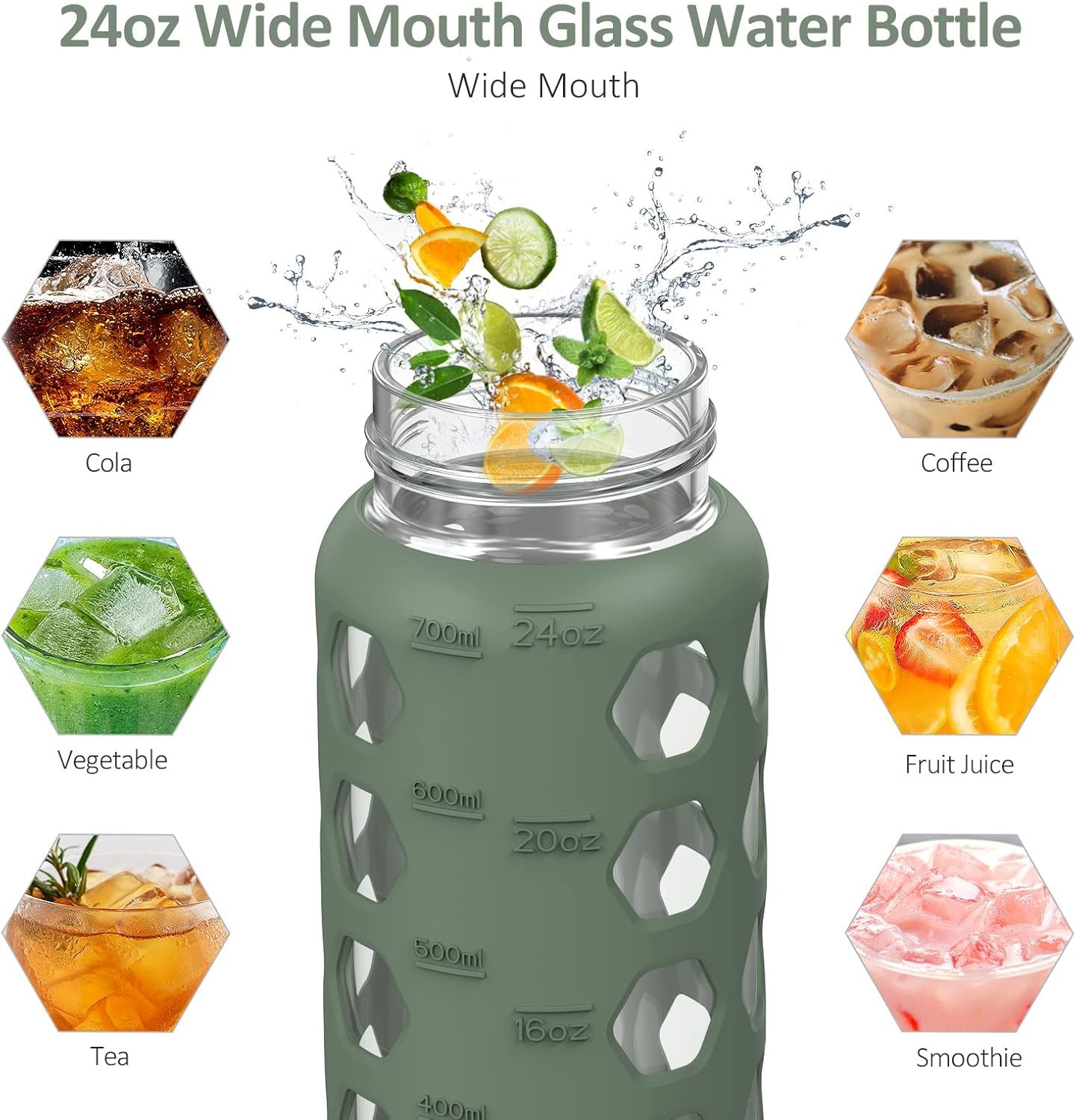 MUKOKO Glass Water Bottles, 32oz Glass Tumbler with Straw, Drinking Bottles with 2 Lids-Handle Spout Lid&Bamboo Straw Lid, Motivational Water Bottle with Time Marker and Silicone Sleeve, 1 Pack-Olive