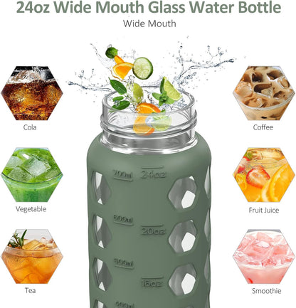 MUKOKO Glass Water Bottles, 32oz Glass Tumbler with Straw, Drinking Bottles with 2 Lids-Handle Spout Lid&Bamboo Straw Lid, Motivational Water Bottle with Time Marker and Silicone Sleeve, 1 Pack-Olive