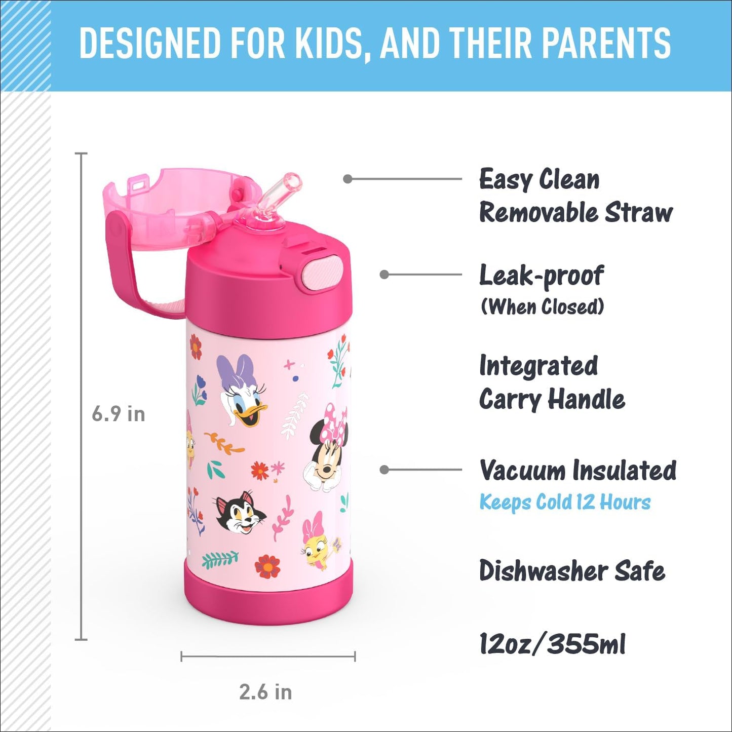 THERMOS FUNTAINER Water Bottle with Straw - 12 Ounce - Kids Stainless Steel Vacuum Insulated Water Bottle with Lid, Bluey - Colors B