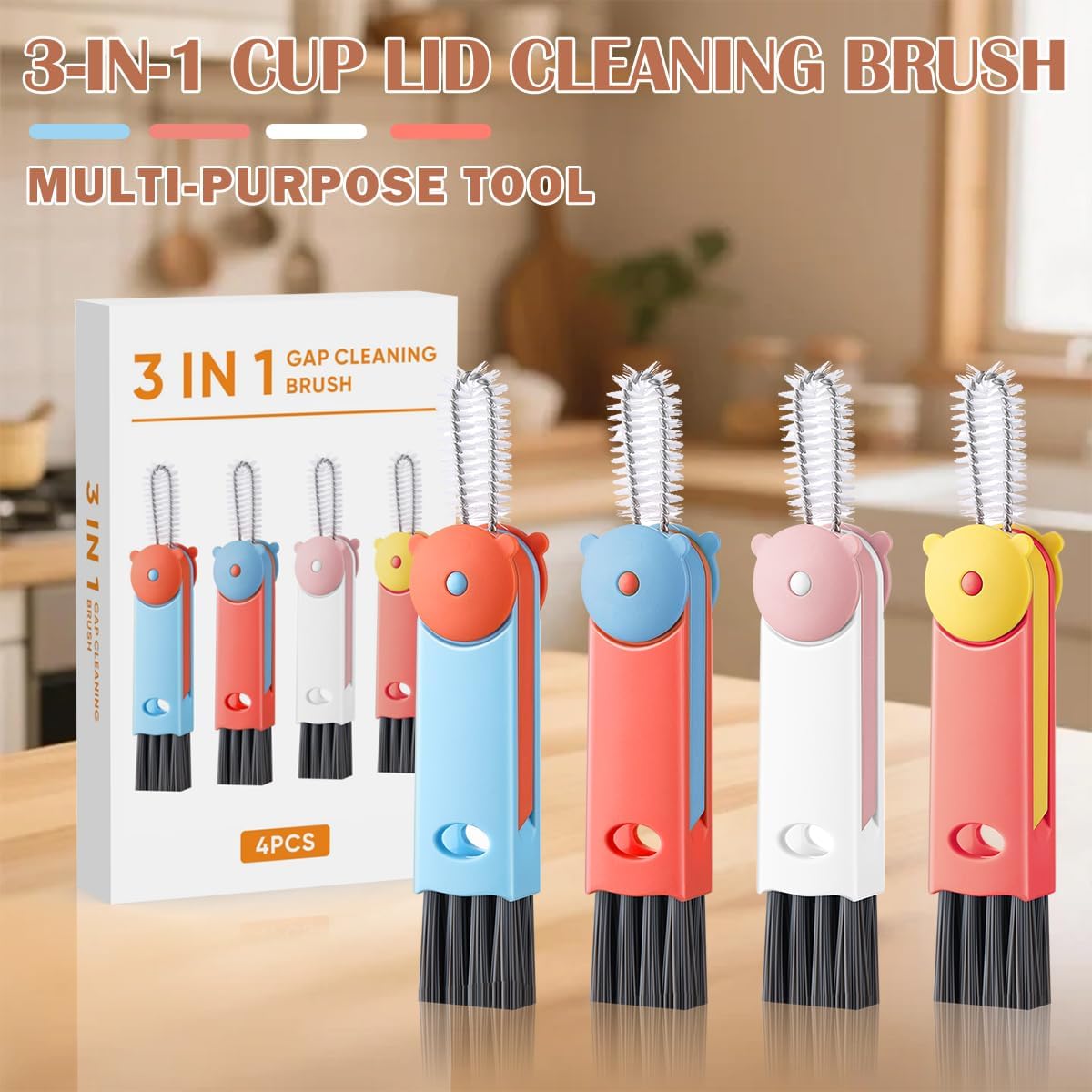 3 in 1 Cup Lid Cleaning Brush, 4PCS Multifunctional Crevice Cleaning Brush for Water Bottle Insulated Cup Tumbler Lid Groove Narrow Space Detail Cleaner Home Kitchen Gadgets